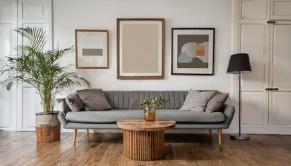 Fototapeta premium Stylish retro living room with design grey sofa, retro table, lamp and furniture. Mock up posters frame on the white walls. Minimalistic room with brown wooden parquet.