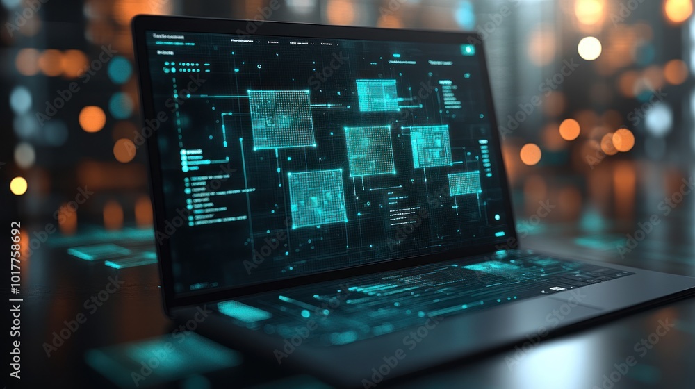 Aufkleber cybersecurity laptop displaying digital network data
