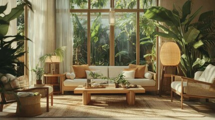Fototapeta premium Parisian biophilia bungalow with botanical decor, light wood accents, and an overall relaxed, comforting vibe.