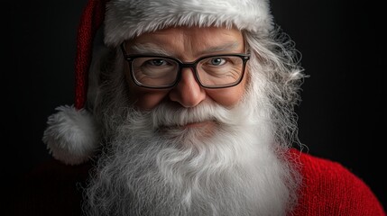 Obraz premium Santa Claus with glasses and a white beard, looking at the camera against a black background. 