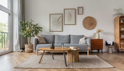 Stylish scandinavian interior of living room with design grey sofa, retro wooden table, mock up poster frame, decoration , carpet and personal accessories in elegant home decor.