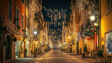 Naklejka premium Festive lights illuminating the streets of Riva del Garda during Christmas season, the town glowing with holiday spirit against a clear night sky.
