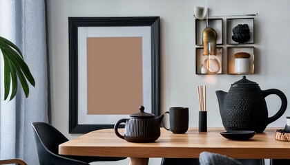 Stylish scandinavian dining room interior with mock up poster frame, wooden table, furniture, teapot with cups, black decoration and elegant accessories. Ready to use. Template. Modern home decor.