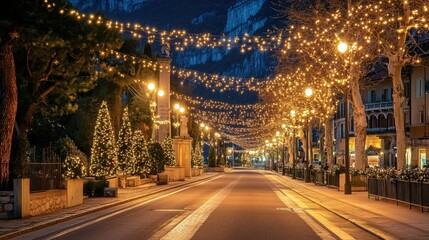 Fototapeta premium Festive lights strung across the streets of Riva del Garda, the holiday decor enhancing the beauty of the town as night falls and the Christmas spirit fills the air.