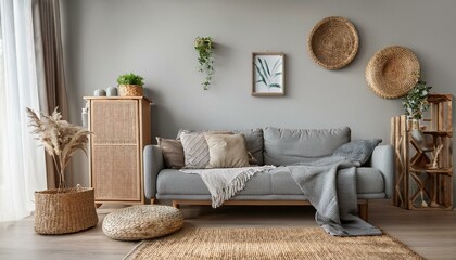 Stylish and design home interior of living room with gray sofa, wooden cubr , pillows, blankets, rattan lamp, flowers, basket and elegant accessories. Stylish home decor. Template.