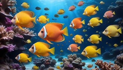 Obraz premium A school of colorful tropical fish swimming in a vibrant underwater coral reef environment