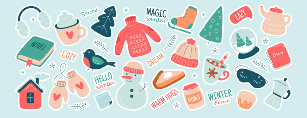 Christmas sticker set. Cute diary journal pack of clothes, ice skates, tree, hot drinks, sweets and winter quotes. Holiday planner stickers, daily labels or decoration icons for scrapbook or notebook
