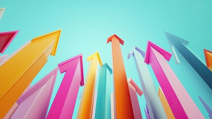 Group of colorful 3D arrows rising upward, representing financial success and upward momentum. The design includes space for text, ideal for marketing.
