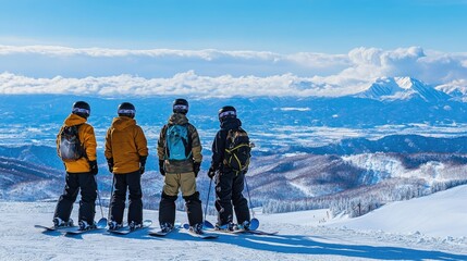 Group of snowboarders take in the panoramic view of Tokachidake and Daisetsuzan from a sunny spot at Furano ski resort, the snow-covered landscape stretching below.