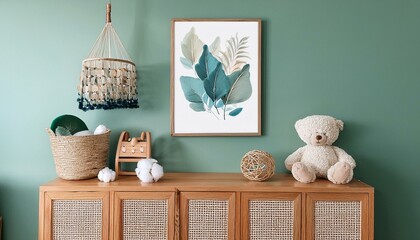 Stylish scandinavian newborn baby room with wooden cabinet, toys, mock up poster frame and children's accessories. Modern interior with eucalyptus background wall and cottona balls. Modern home decor.