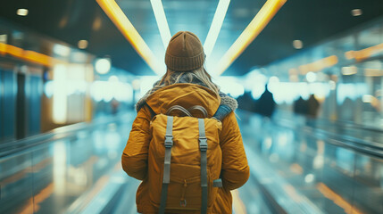 A woman wearing a yellow jacket and a brown hat is walking through a tunnel