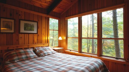 Obraz premium Quaint bedroom in a forest cabin, featuring wood-paneled walls, a plaid comforter, and large windows showcasing nature.