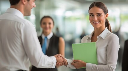 A woman shakes hands with a man in a business setting