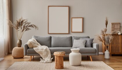 Creative composition of stylish modern spacious living room with mock up poster frame, grey sofa, wooden cubes, pillows, plaid, carpet, white design vases and small personal accesories. Template.