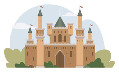 A large medieval-style castle with multiple towers topped with flags, surrounded by green foliage and a serene sky backdrop. Ideal for fairy tales, history, architecture, children s stories, fantasy