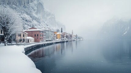 Fototapeta premium Quiet winter day in Riva del Garda, the town blanketed in snow as Garda Lake reflects the snowy mountains under a soft, overcast sky.