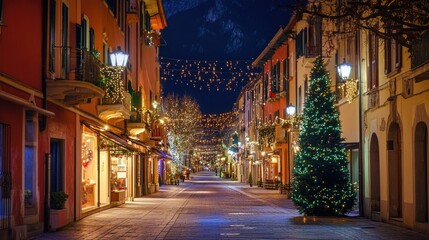 Fototapeta premium Riva del Garda by night, the town center and streets beautifully decorated with vibrant Christmas lights, creating a festive holiday atmosphere.