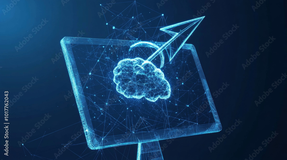 Aufkleber a computer screen shows an arrow pointing up and a magnifying glass. the image is made of blue trian