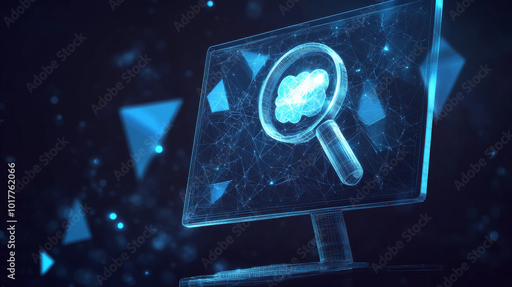 Poster a computer screen shows an arrow pointing up and a magnifying glass. the image is made of blue trian