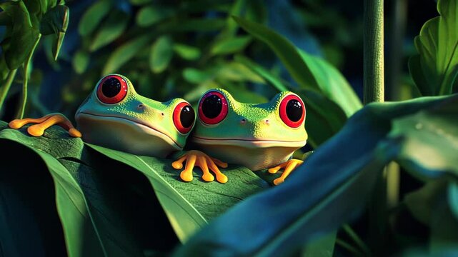 Two Green Tree Frogs on a Leaf