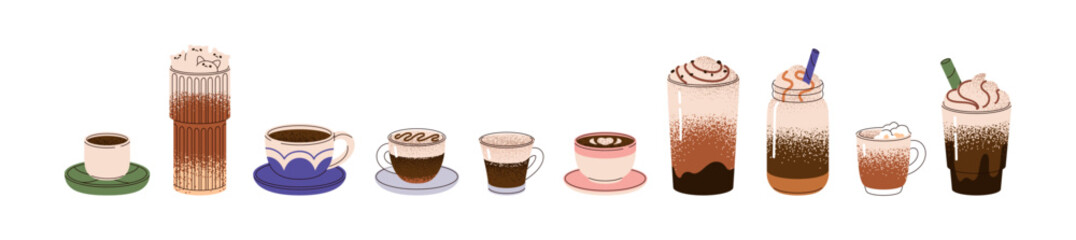 Different coffee in glasses set. Various coffe drinks in cups: cappuccino, mocha, espresso, macchiato. Hot and ice beverages with milk in cafe. Flat isolated vector illustrations on white background