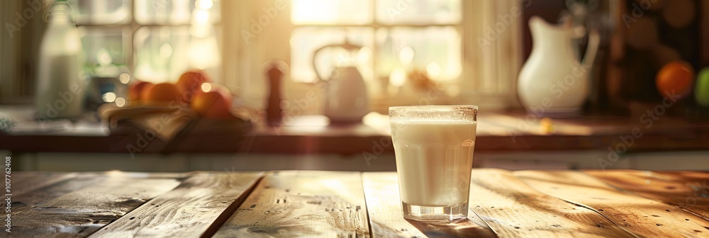 Poster warm sunlight streams into a cozy kitchen, illuminating a glass of fresh milk on a rustic table surr
