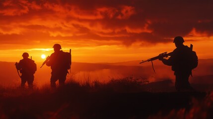 Obraz premium Silhouettes of soldiers at sunset, holding rifles, with a backdrop of a fiery orange sky and rolling hills.