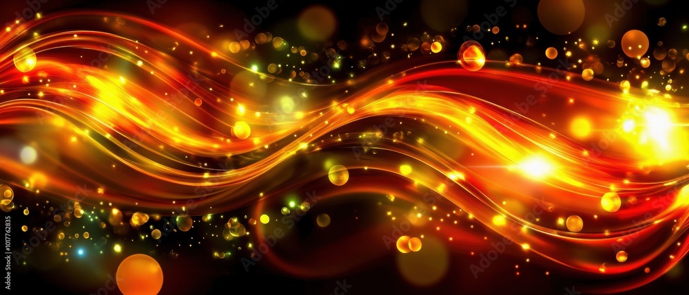 Poster colorful swirl patterns with glowing particles on a dark background, ideal for abstract art and desi