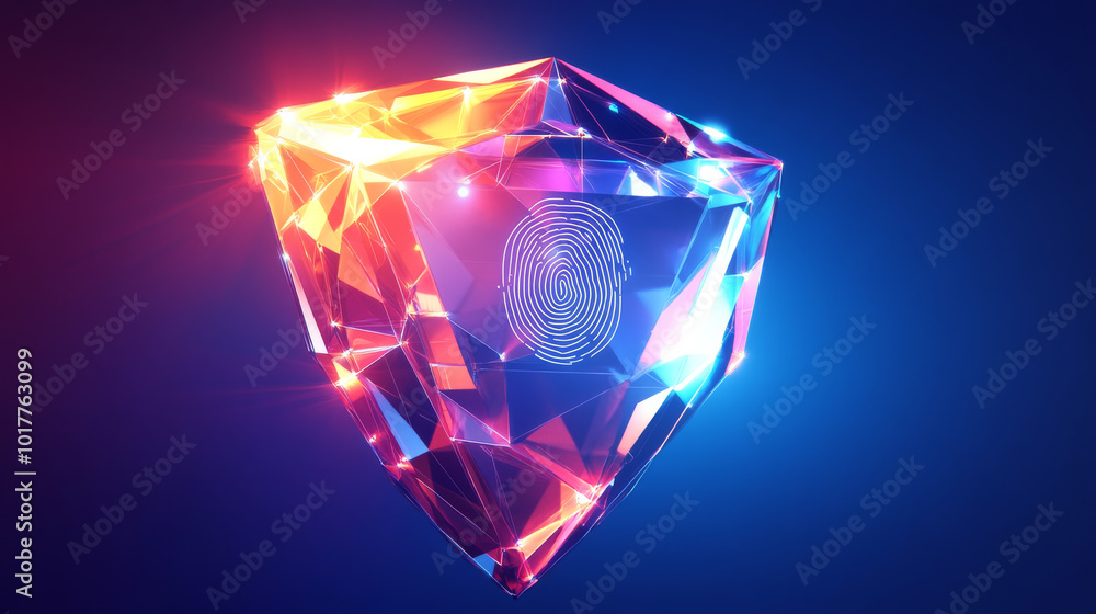 Poster a futuristic shield made of triangles with a fingerprint inside.it represents the idea of protection