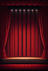 Red curtains on a stage with spotlights shining through, creating a dramatic and theatrical atmosphere