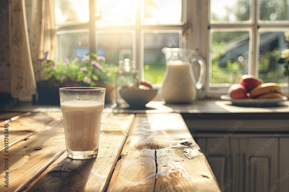 Poster fresh milk in a glass on a wooden table, sunlight streaming through the window, with fruit and a pit