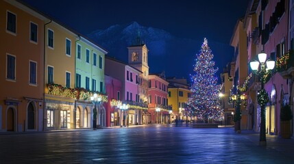 Riva del Gardaaes town square illuminated with colorful Christmas lights, the twinkling lights creating a festive holiday mood against the historic architecture.