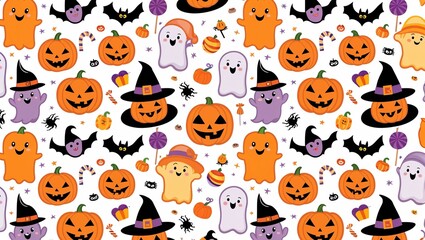 Fototapeta premium Seamless pattern of cute Halloween cartoon characters and items, featuring smiling pumpkins, friendly ghosts, playful bats, witches' hats, candy, and spooky but adorable cats. 