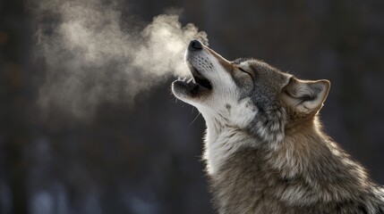A wolf howling against a misty background, exhaling vapor in the cold air, capturing the essence of wilderness.