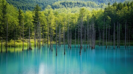 Obraz premium Scenic view of Hokkaido's famous Blue Pond, the striking blue water contrasting with the tall, submerged tree trunks and lush green forest.