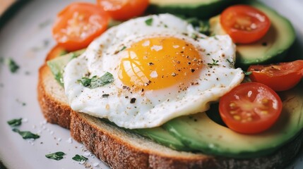 Toast topped with heart egg, avocado slices, cherry tomatoes, and a sprinkle of salt.