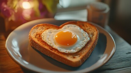 Toast with heart-shaped egg, golden yolk centered, warm and cozy breakfast setting.