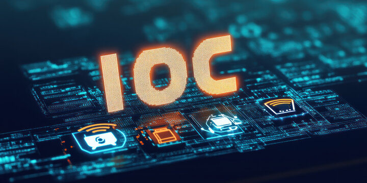 Digital representation of "IOC" emphasizing technology and cybersecurity themes.