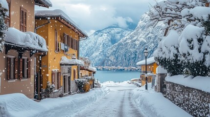 Naklejka premium Snow-covered streets of Riva del Garda with Garda Lake in the background, framed by snowy mountains under a cloudy winter sky, creating a serene landscape.