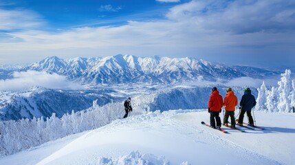 Snowboarders looking over the expansive Tokachidake mountain range from the heights of Furano ski resort, enjoying a clear, sunny day in Japanaes winter wonderland.
