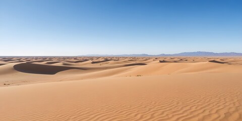 A vast desert landscape with rolling sand dunes under a clear blue sky
