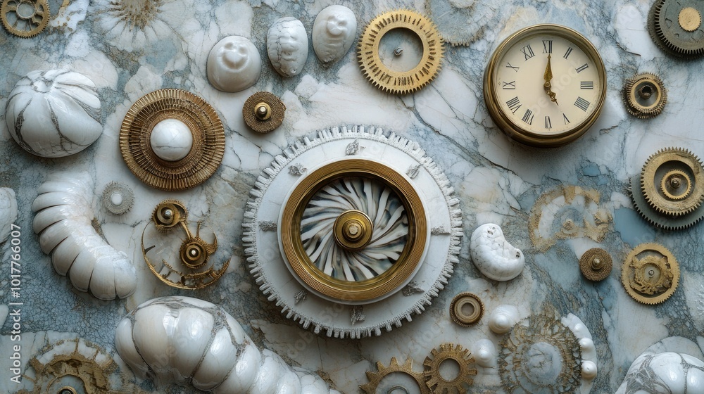 Poster vintage clock gears in a spiraling pattern, representing time cyclical and infinite nature.