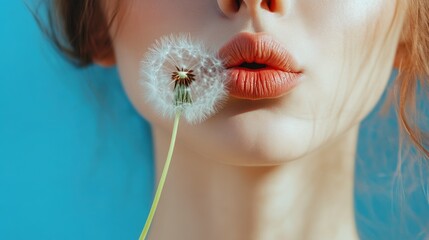 Woman Breathing Life into Dandelion Seeds