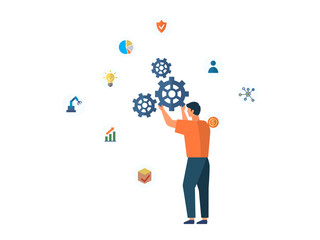 Business process automation concept. BPA software, business process workflow as gear cogwheel mechanism, automated business process, digital transformation, user interface with work operations