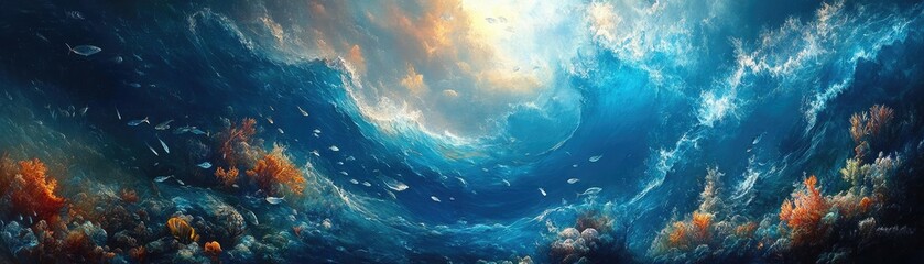 Beneath the waves, impressionist waves intertwine with marine life, ethereal lighting creates dreamlike scenes