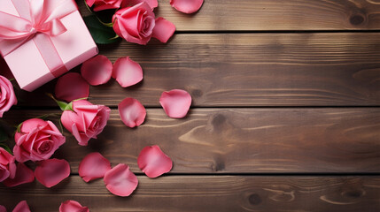 木桌上摆满了粉红色玫瑰情人节背景