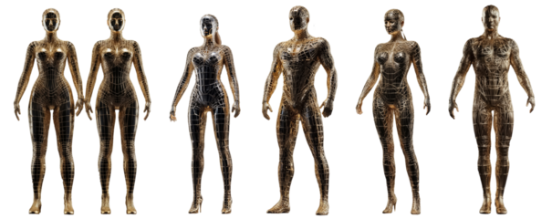 3D Wireframe Human Figures in Metallic Tones