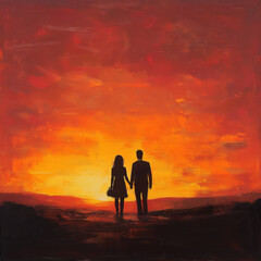 Fototapeta premium A couple standing side by side, holding hands and looking at the sunset on the horizon