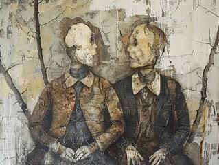 Two Seated Figures in Distressed Portrait