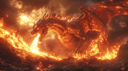 red dragon breathes fire over volcanic rocks under a stormy sky